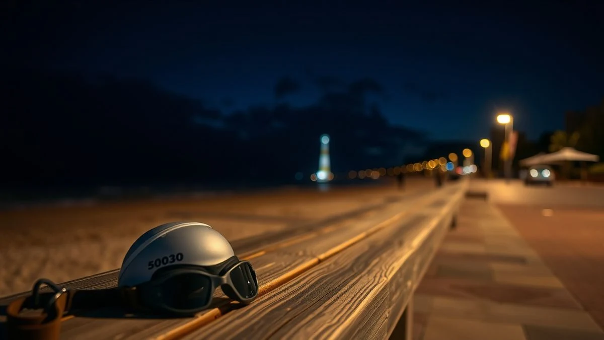 Illustrative image: swimming cap and goggles on a wooden bench on a promenade lit by street lamps, with the sea in the background at sunset.