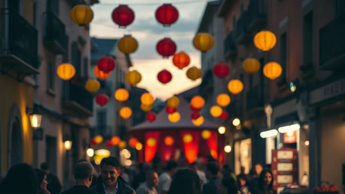 Imagen ilustrativa: calle adornada con farolillos de colores al atardecer, ambiente festivo de feria andaluza
