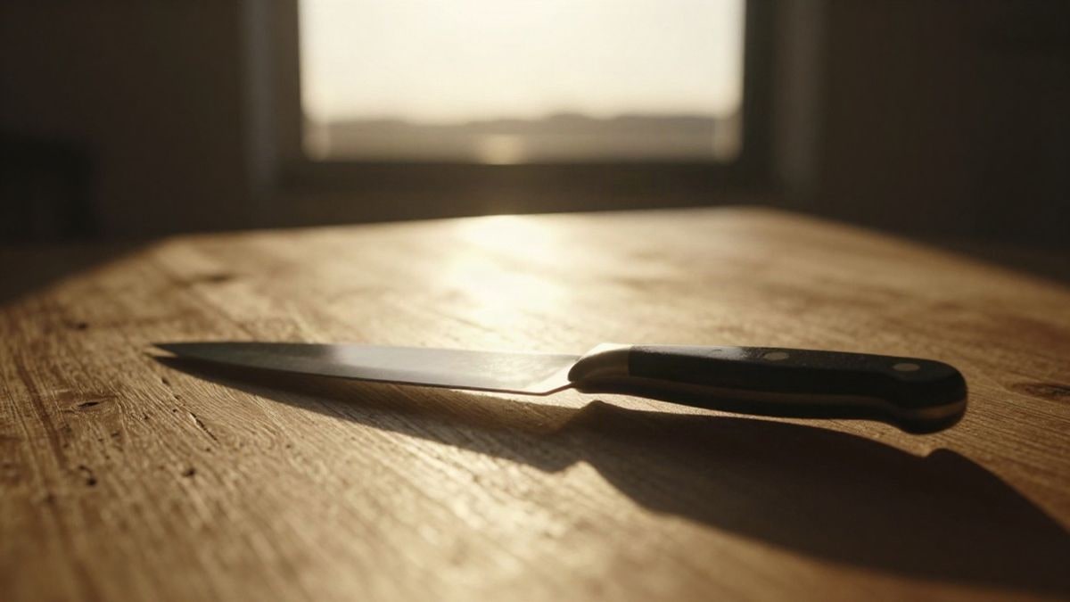 Imagen ilustrativa: un cuchillo de cocina sobre una mesa de madera a contraluz al atardecer