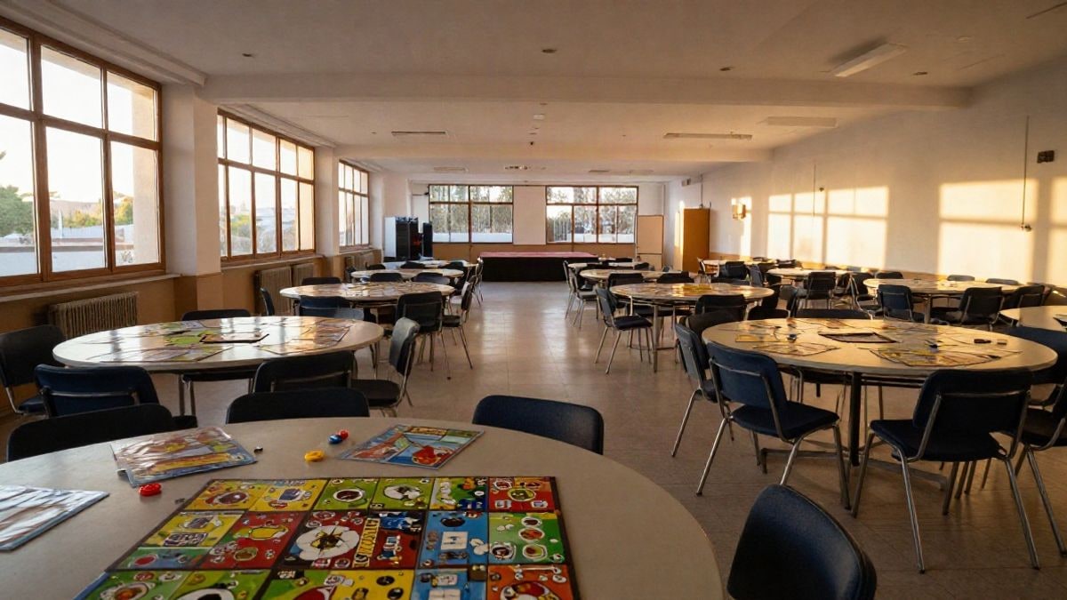 Imagen ilustrativa: sala comunitaria amplia con mesas y sillas preparadas para una feria de juegos y actividades para personas mayores