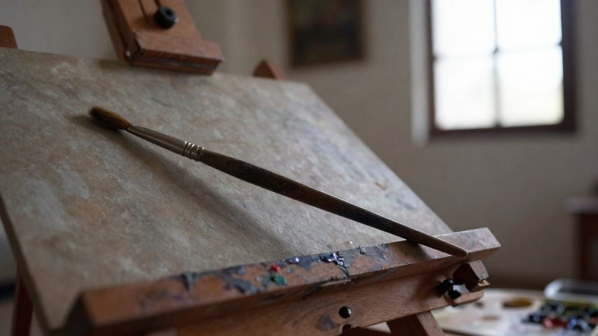 Illustrative image: close-up of a brush on an easel with a palette of oils indoors
