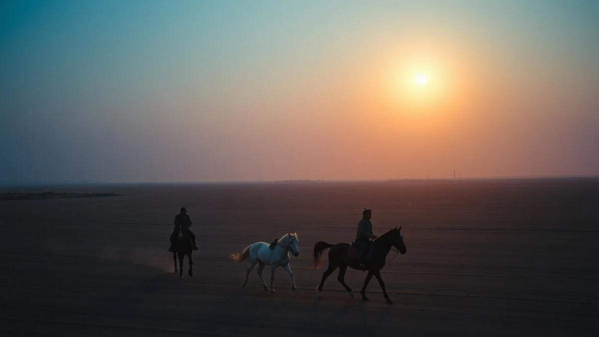 Imagen ilustrativa: vista cenital de una fila de caballos y jinetes recorriendo un camino rural al anochecer, iluminados por la luna.
