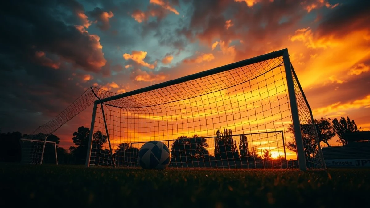 Campo de fútbol vacío con una portería y un balón en el área de penalti al atardecer