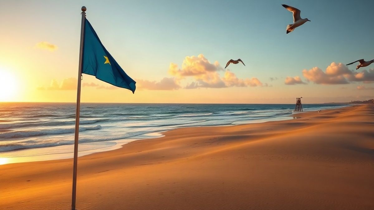 Illustrative image: Mediterranean beach at sunset with a blue flag waving on a pole and a lifeguard tower in the background