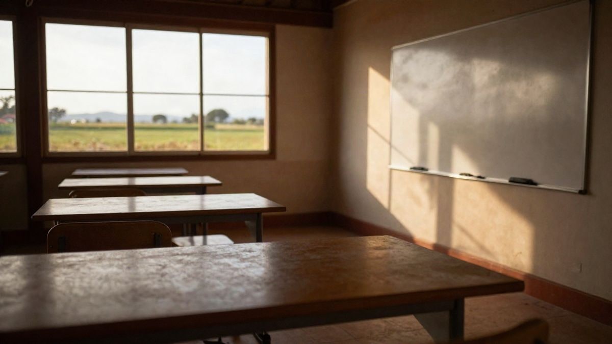 Imagen ilustrativa: aula de formación rural con mesas vacías y campos de cultivo al fondo por la ventana