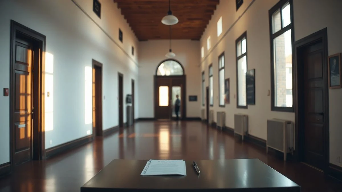 Illustrative image: interior hallway of a cultural centre with warm light and a table with papers.