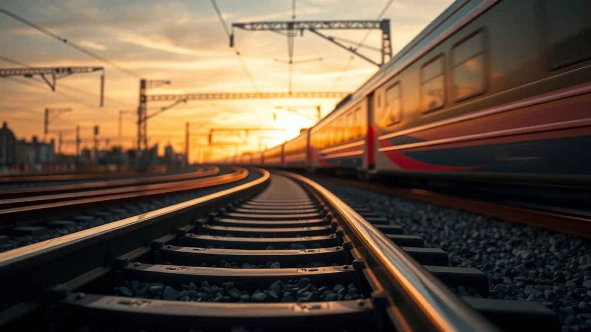Imagen ilustrativa: vías de tren que convergen en la lejanía con un tren de alta velocidad al fondo al atardecer