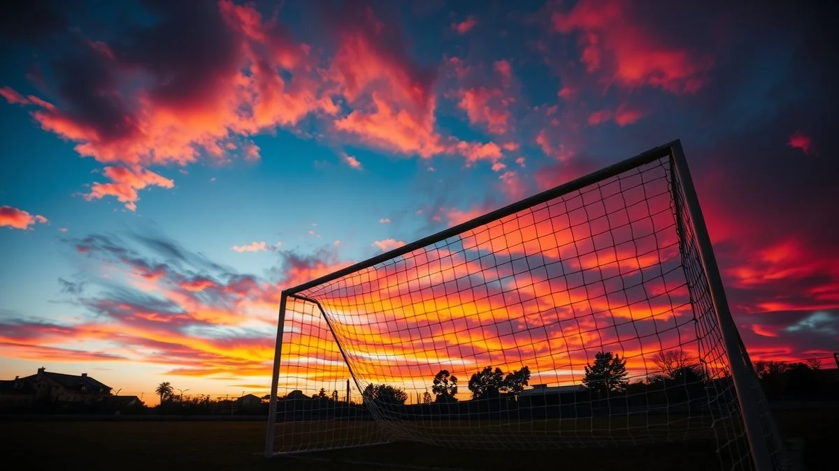 Imagen ilustrativa: un campo de fútbol al atardecer, con una portería y red en primer plano, sin personas ni marcas.
