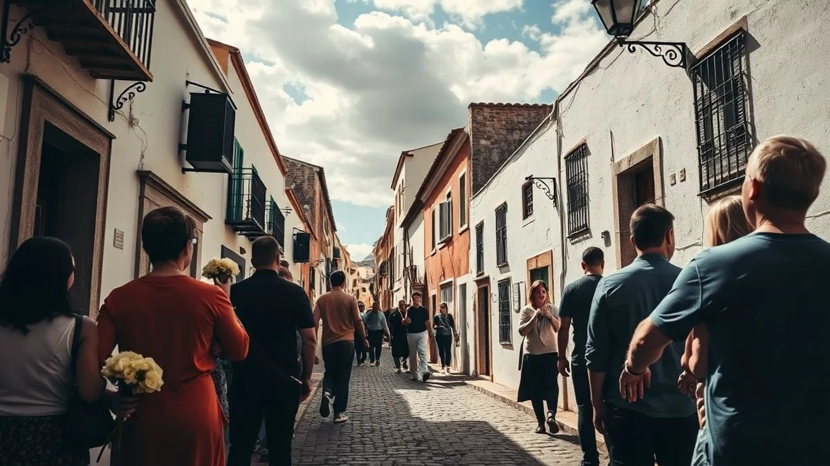 Imagen ilustrativa: una calle empedrada de un pueblo andaluz con una multitud silenciosa que sostiene flores blancas, tomada desde un ángulo bajo con el cielo de fondo