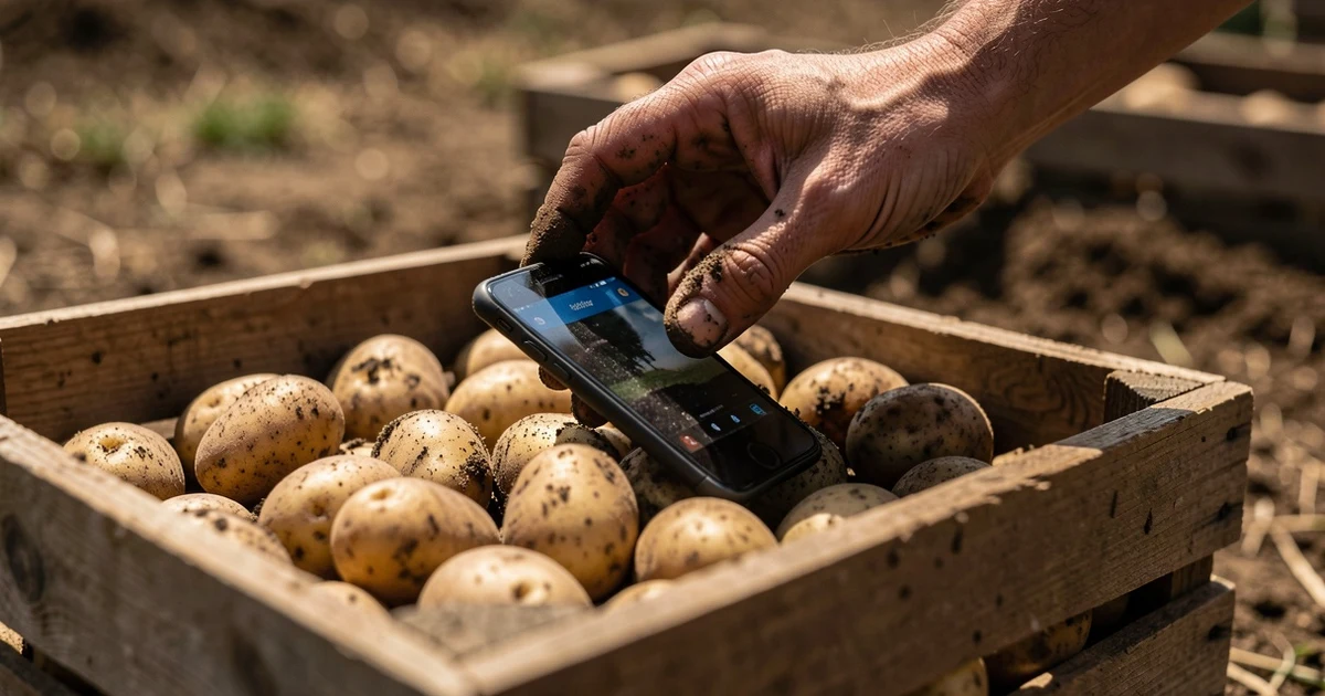 Mobile phone resting on a crate of potatoes in an agricultural field with an irrigation system