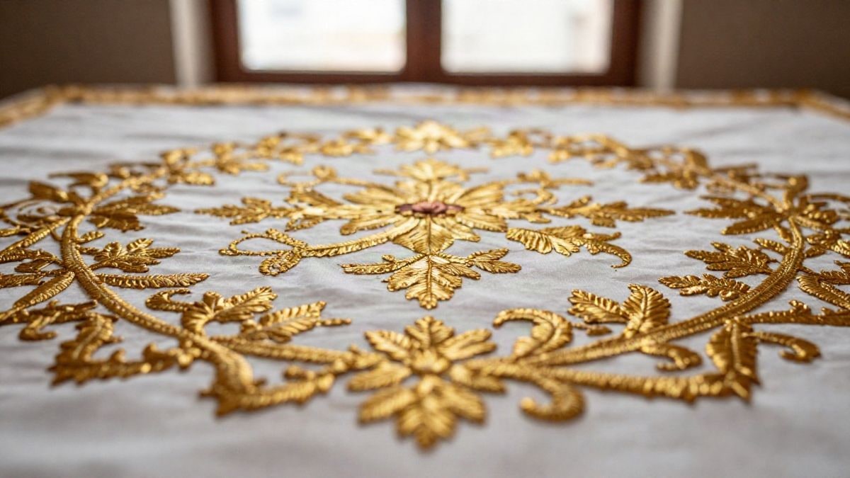 Imagen ilustrativa: primer plano de un bordado dorado sobre tela blanca con motivos florales