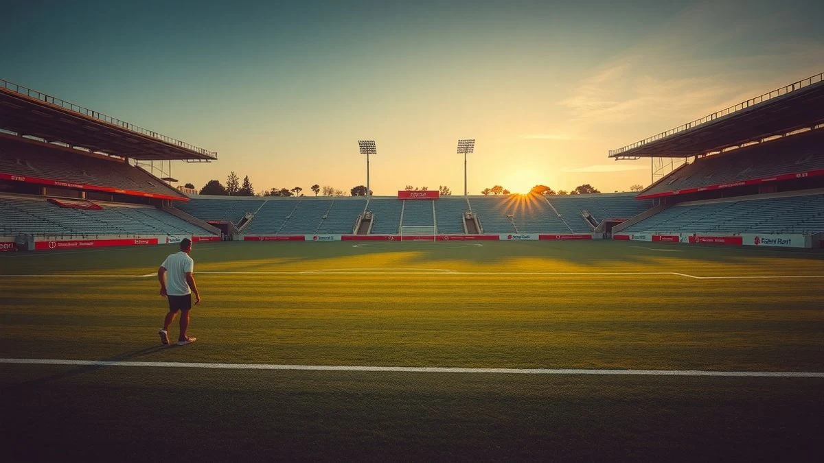 Illustrative image: empty football field at sunset with goal in the background and converging grass lines.