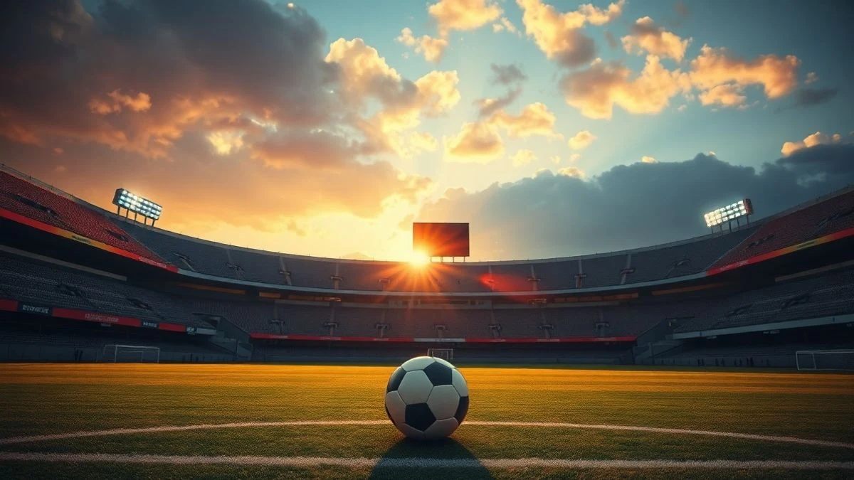 Empty football stadium at sunset with a ball on the penalty spot