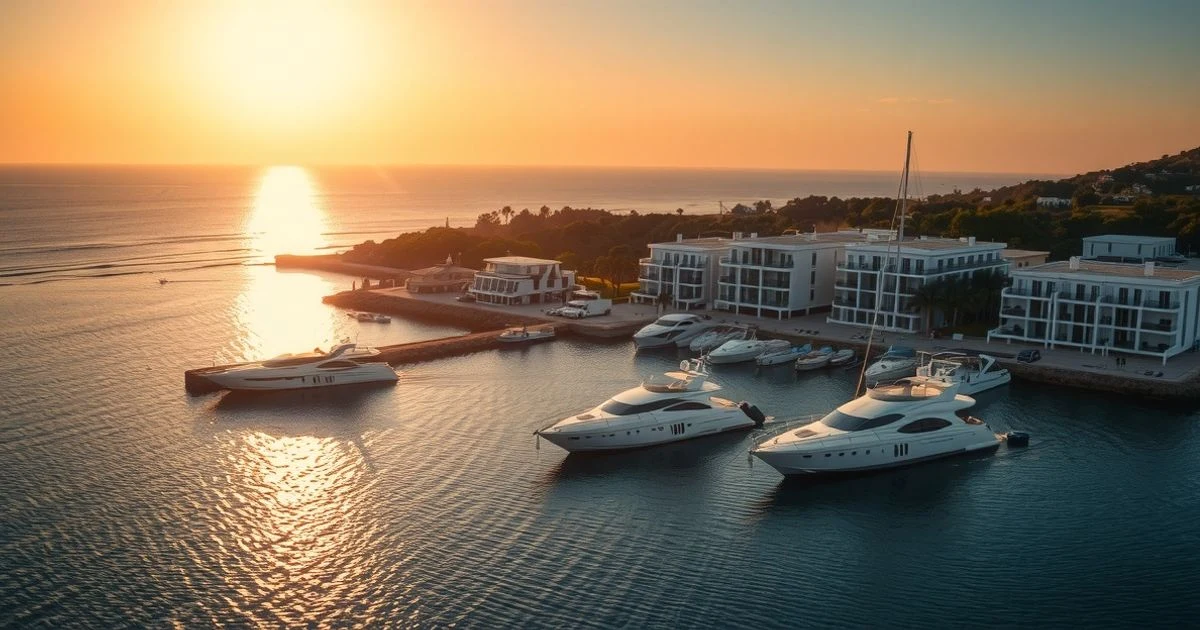 Vista aérea de la costa de Marbella al atardecer con villas de lujo y yates en el puerto deportivo