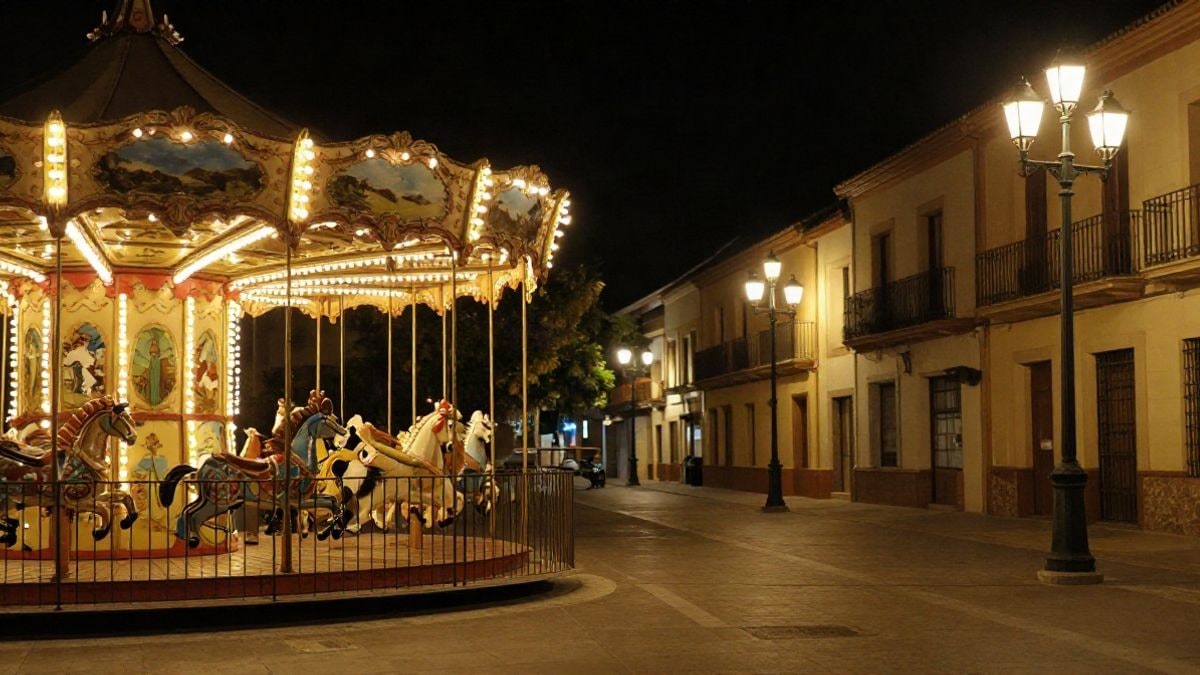 Illustrative image: illuminated fair attractions at night in a street of a historic town