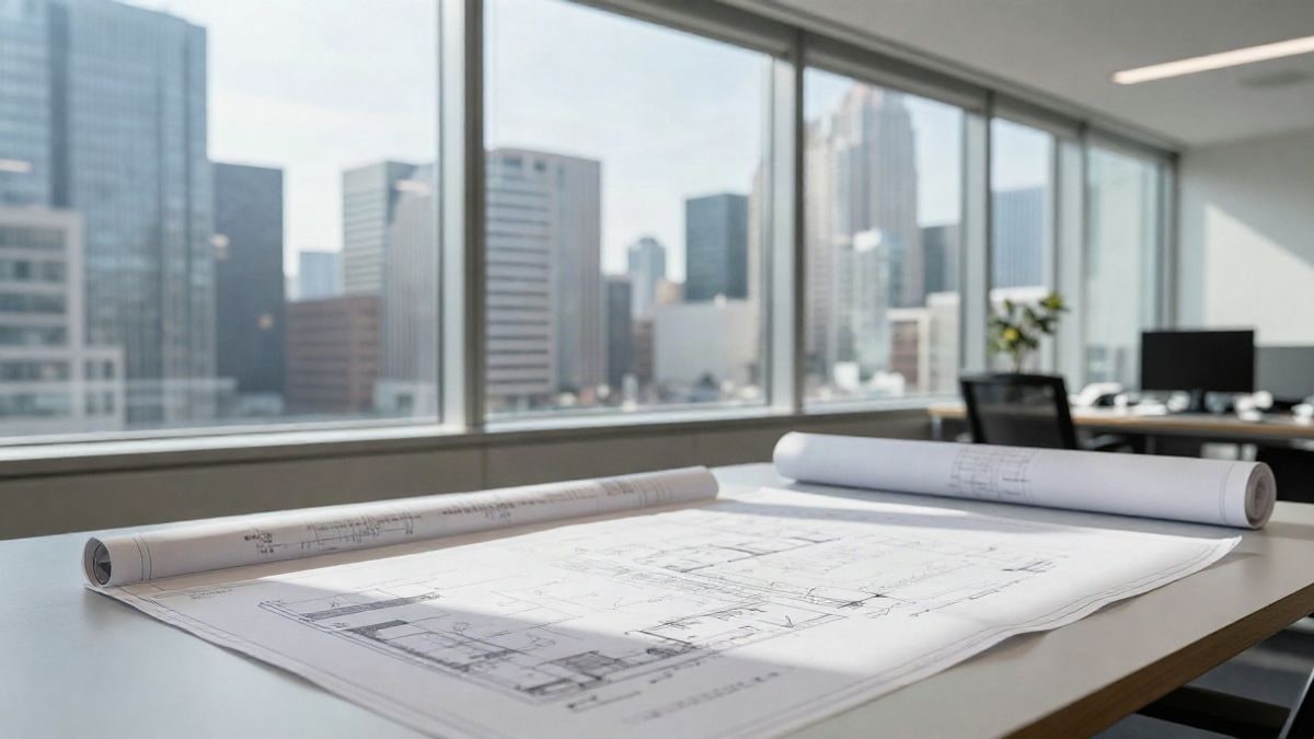 Illustrative image: architectural model on a drawing table in a studio overlooking the city.