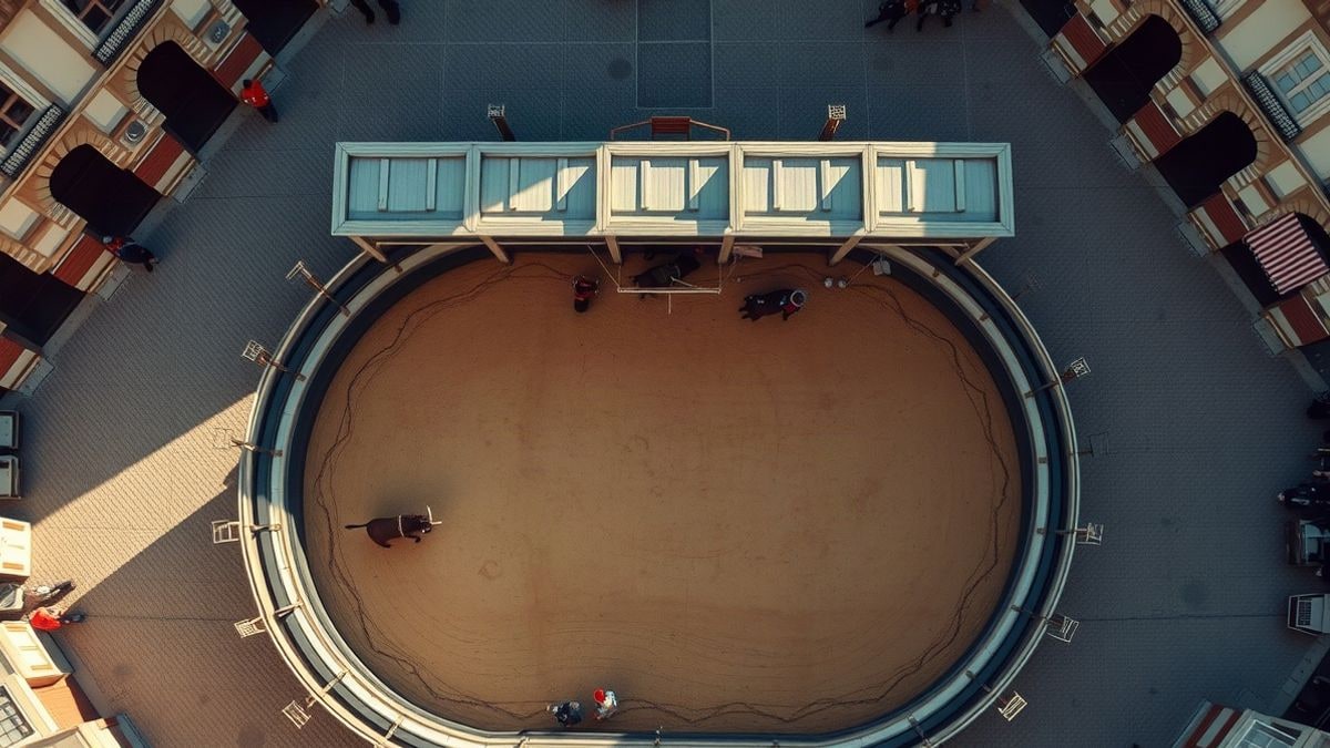 Imagen ilustrativa: vista aérea de una plaza de toros portátil con ruedo de arena y barreras de madera, junto a edificios blancos y una torre de iglesia al fondo.