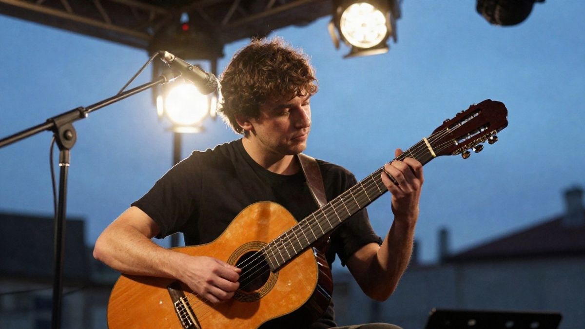 Imagen ilustrativa: una guitarra sobre un escenario al atardecer, con luces de concierto y un micrófono de fondo
