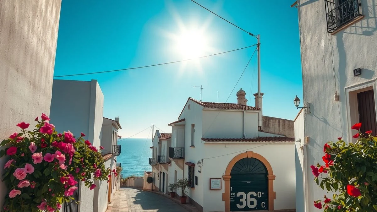 Illustrative image: street in a coastal village with bougainvilleas and a thermometer showing 36 degrees in the sun.