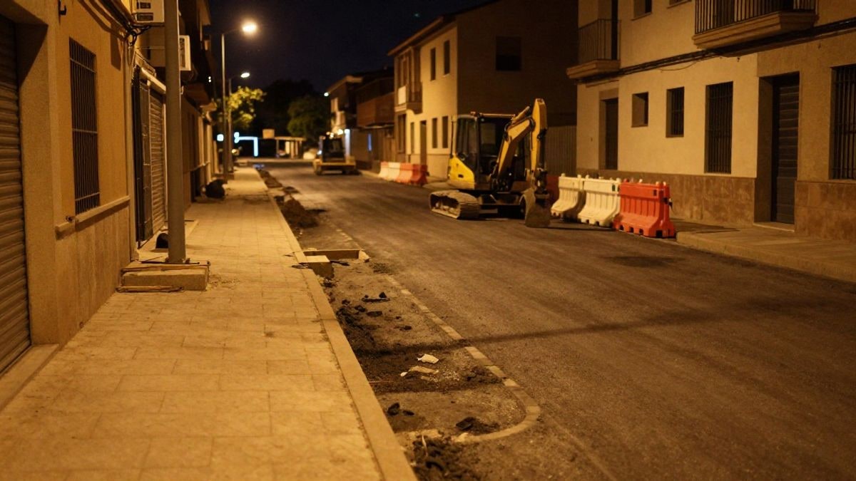 Imagen ilustrativa: calle residencial en obras de noche con farolas y maquinaria