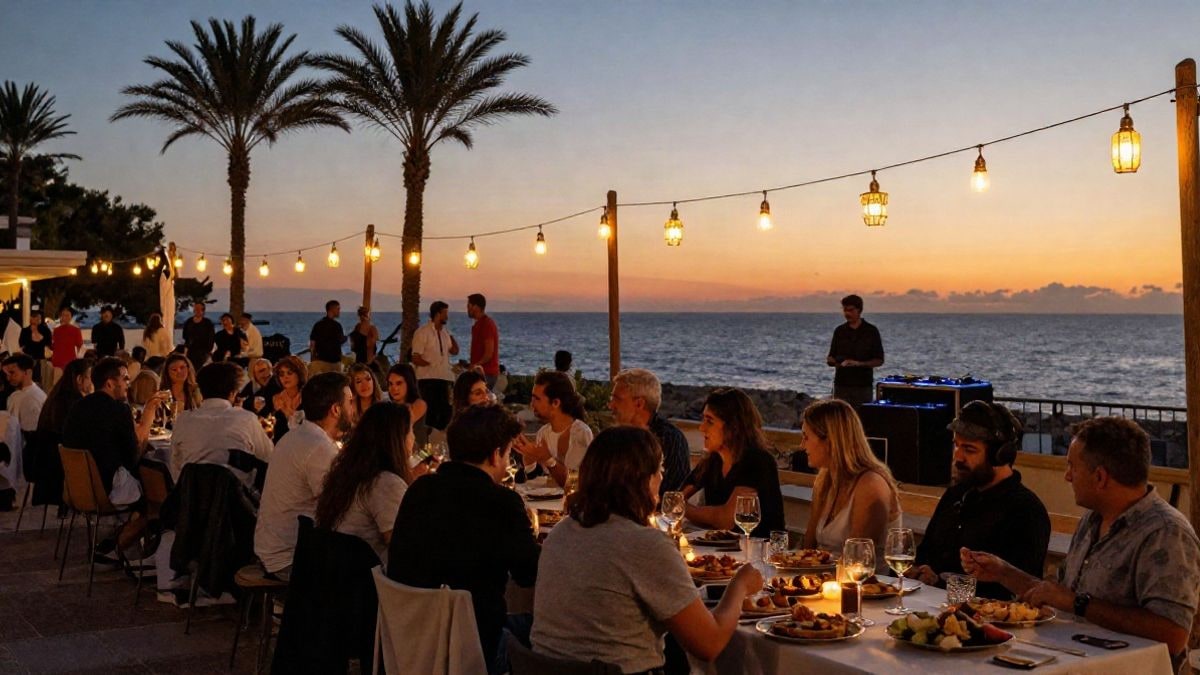 Imagen ilustrativa: terraza junto al mar iluminada con luces de colores y ambiente festivo al atardecer.