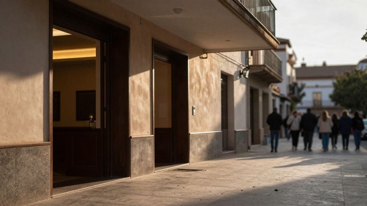 Illustrative image: entrance of a generic cultural centre with open doors and warm light inside