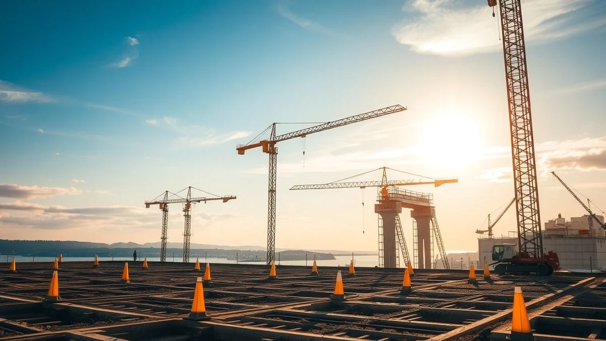 Obra en construcción con grúas al atardecer, con vistas al mar Mediterráneo en la Costa del Sol