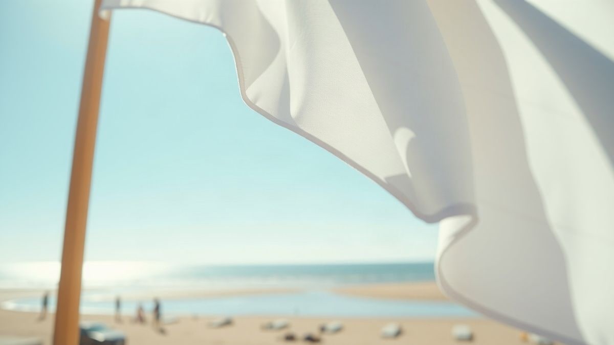 Imagen ilustrativa: bandera blanca con símbolo de ola ondeando en una playa soleada, con el mar de fondo desenfocado.