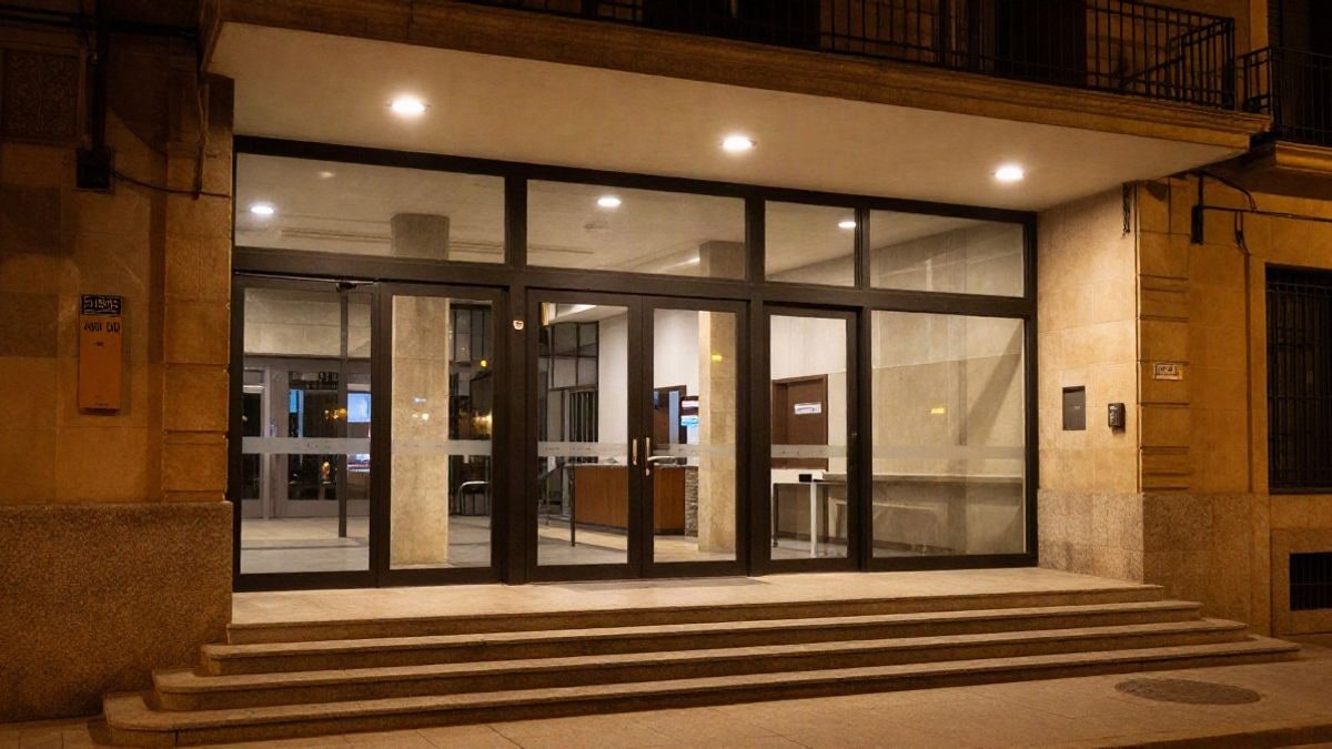 Illustrative image: facade of a municipal building illuminated at night