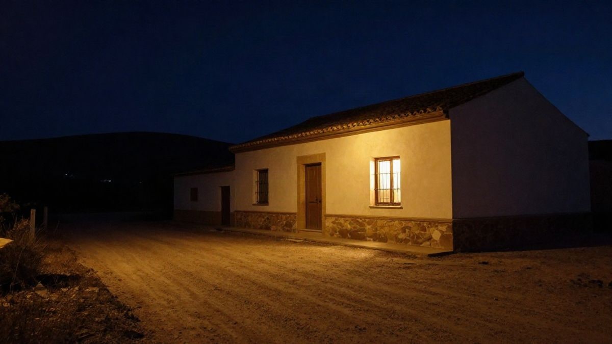 Imagen ilustrativa: centro de salud rural iluminado de noche junto a un camino vacío