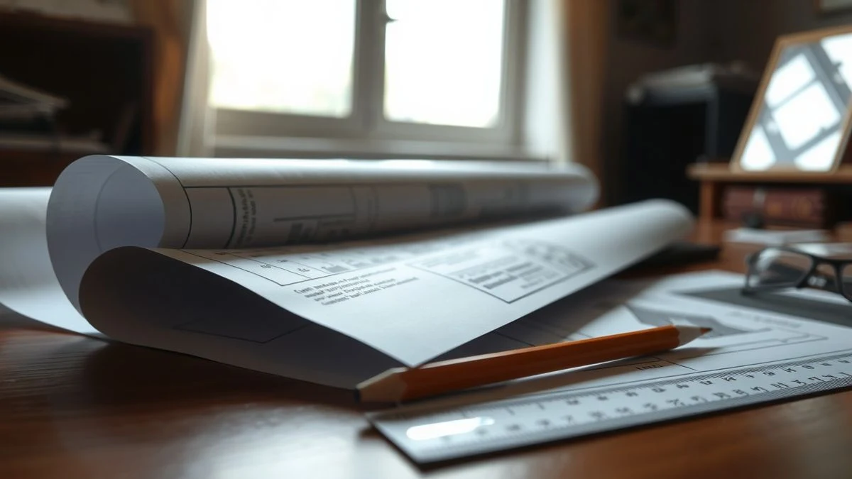 Illustrative image: urban plans and a roll of paper on a wooden table, with pencil and ruler, soft natural lighting.