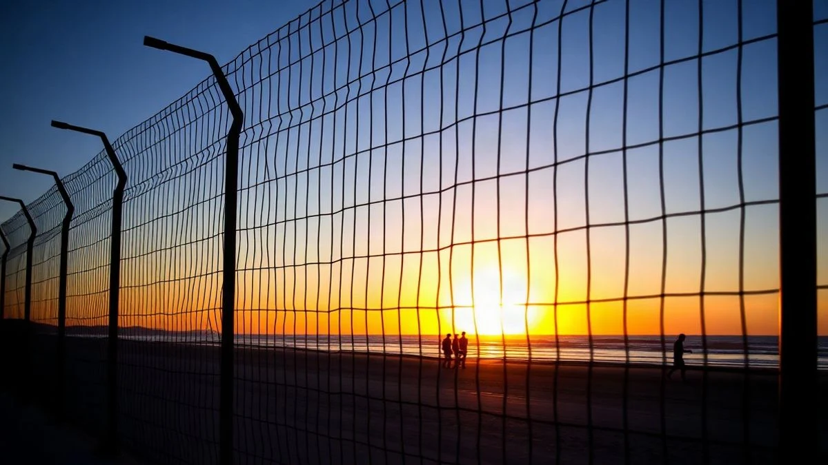 Imagen ilustrativa: una valla costera al amanecer con un grupo lejano de personas caminando por la playa, sin rostros reconocibles