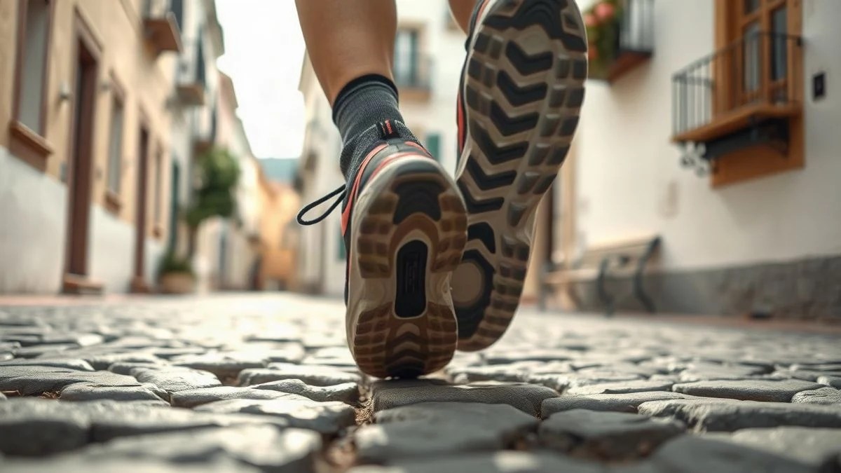 Imagen ilustrativa: zapatillas de running sobre adoquines en una calle de un pueblo andaluz encalado, con luz de mañana.