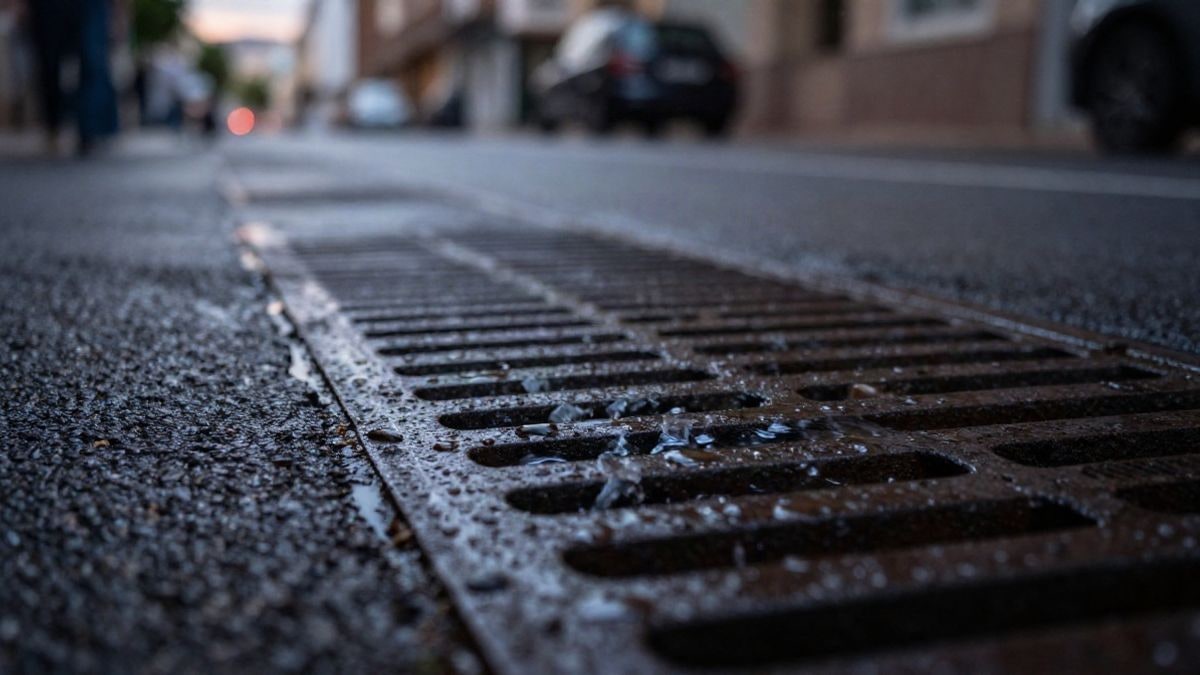 Illustrative image: close-up of a drainage grate with rainwater running over wet asphalt