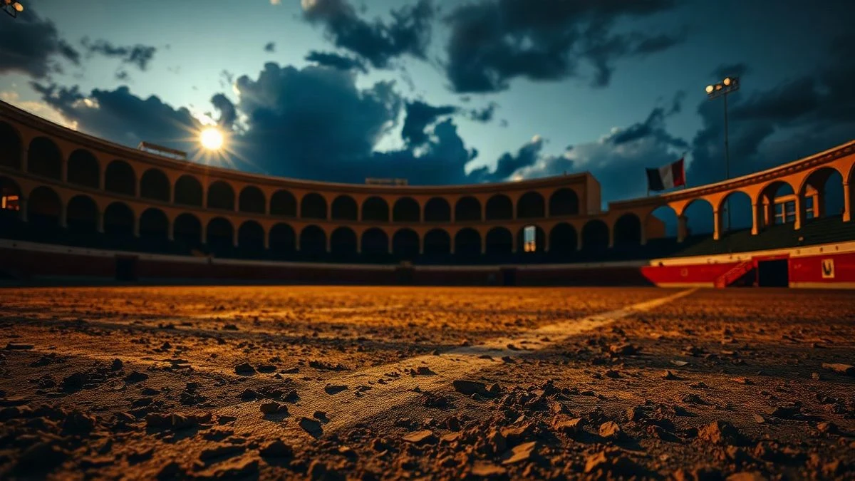 Imagen ilustrativa: ruedo vacío de una plaza de toros al atardecer, con arena marcada y sombras largas.