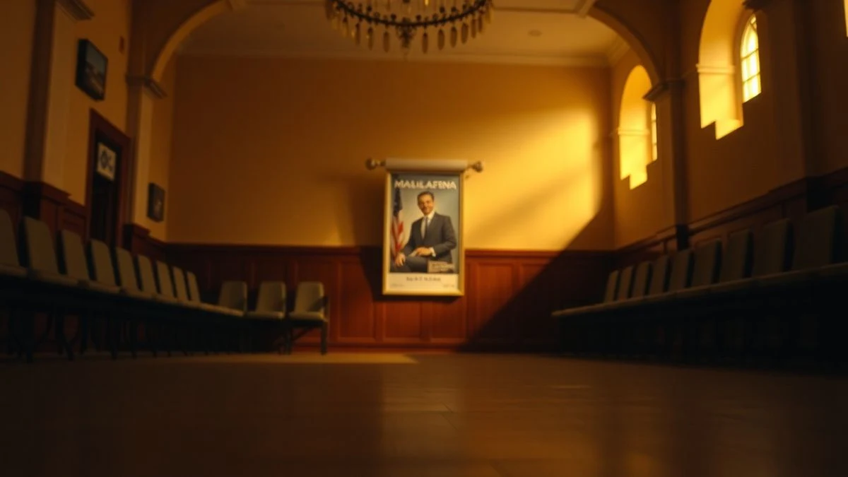Illustrative image: missing person poster in an empty airport with warm artificial light