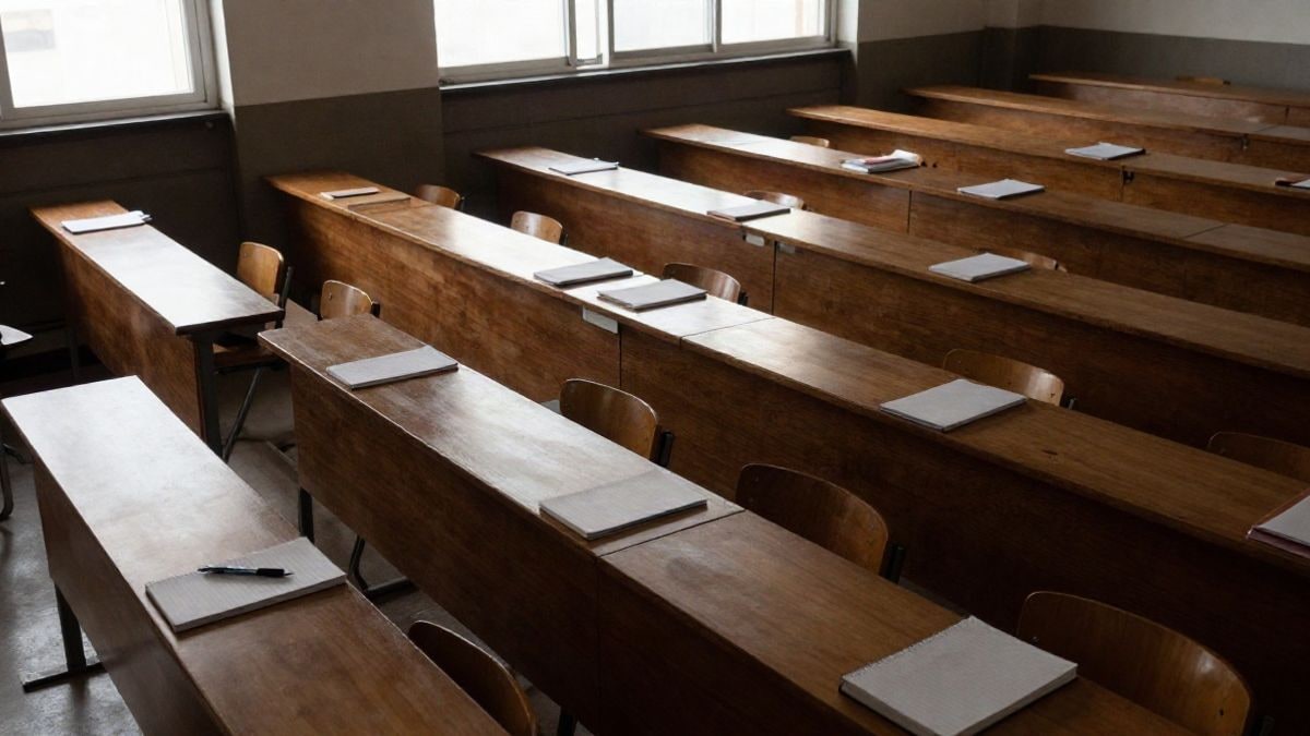 Illustrative image: overhead view of an empty university classroom with wooden desks and natural light