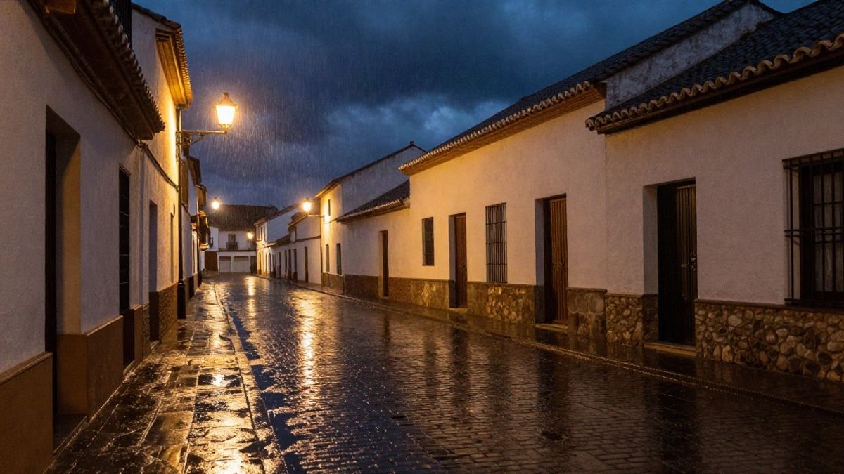 Imagen ilustrativa: calle de un pueblo andaluz mojada tras un aguacero nocturno con farolas encendidas
