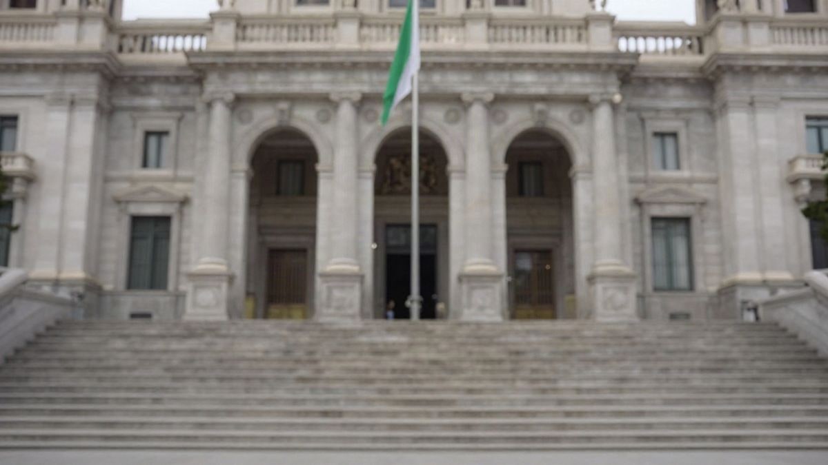 Illustrative image: steps of a town hall with a flag waving and people seen from behind at an institutional event.