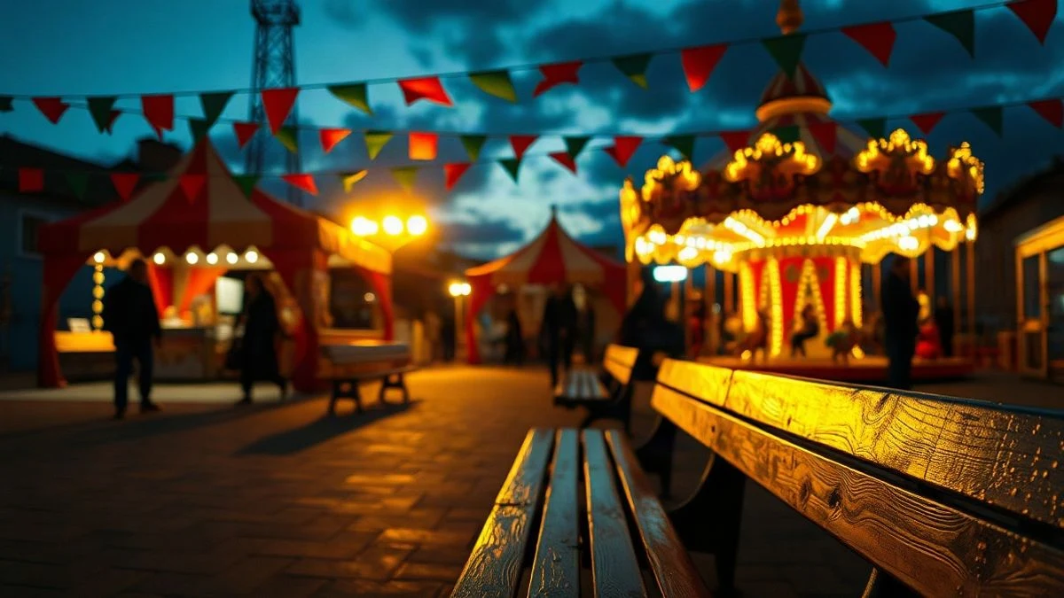 Illustrative image: fairground with lights and awnings at sunset, with long shadows and a festive atmosphere.