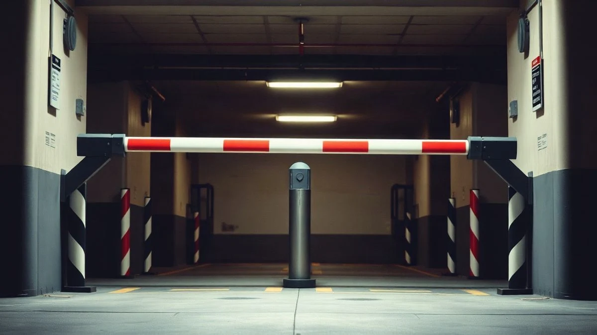 Illustrative image: closed access barrier to an underground car park, with concrete ramp and dim light.