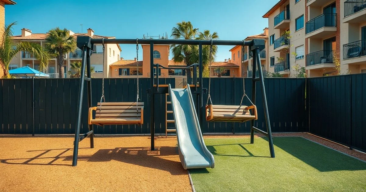 Vista de un parque infantil renovado con columpios y toboganes en un barrio de Antequera