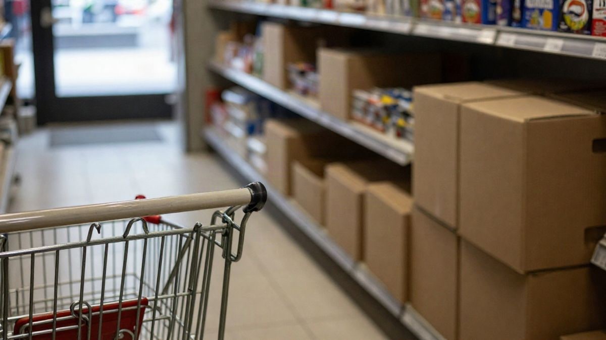 Imagen ilustrativa: detalle de un carro de supermercado junto a cajas de cartón en un pasillo de tienda