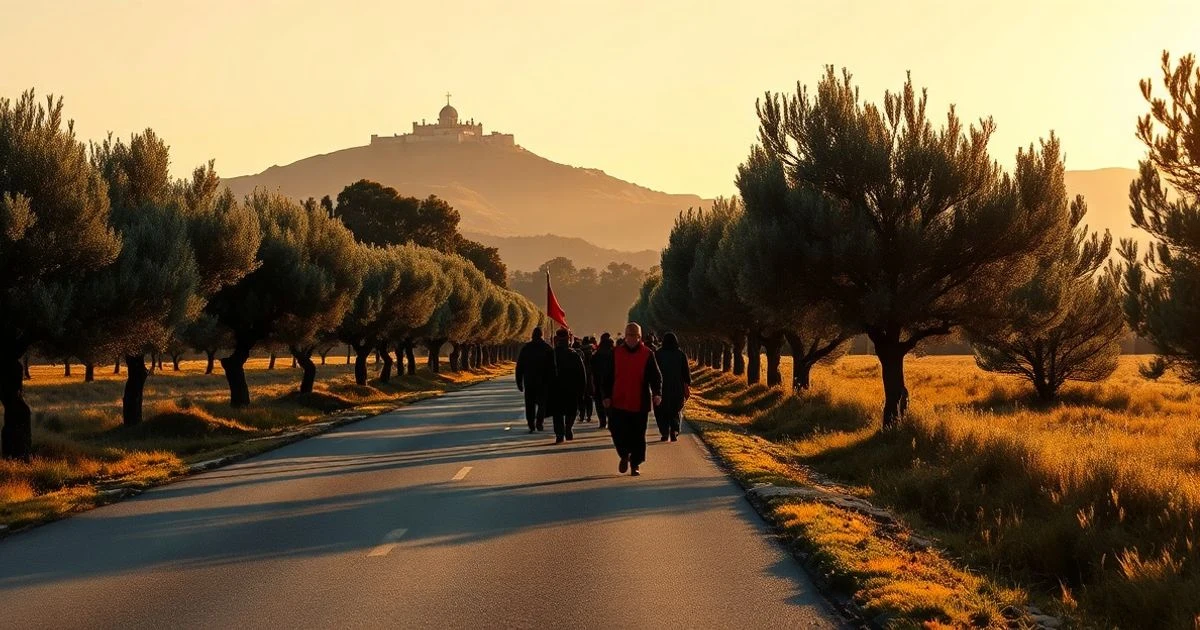 Peregrinos caminando por una carretera rural al amanecer hacia un santuario en la colina.