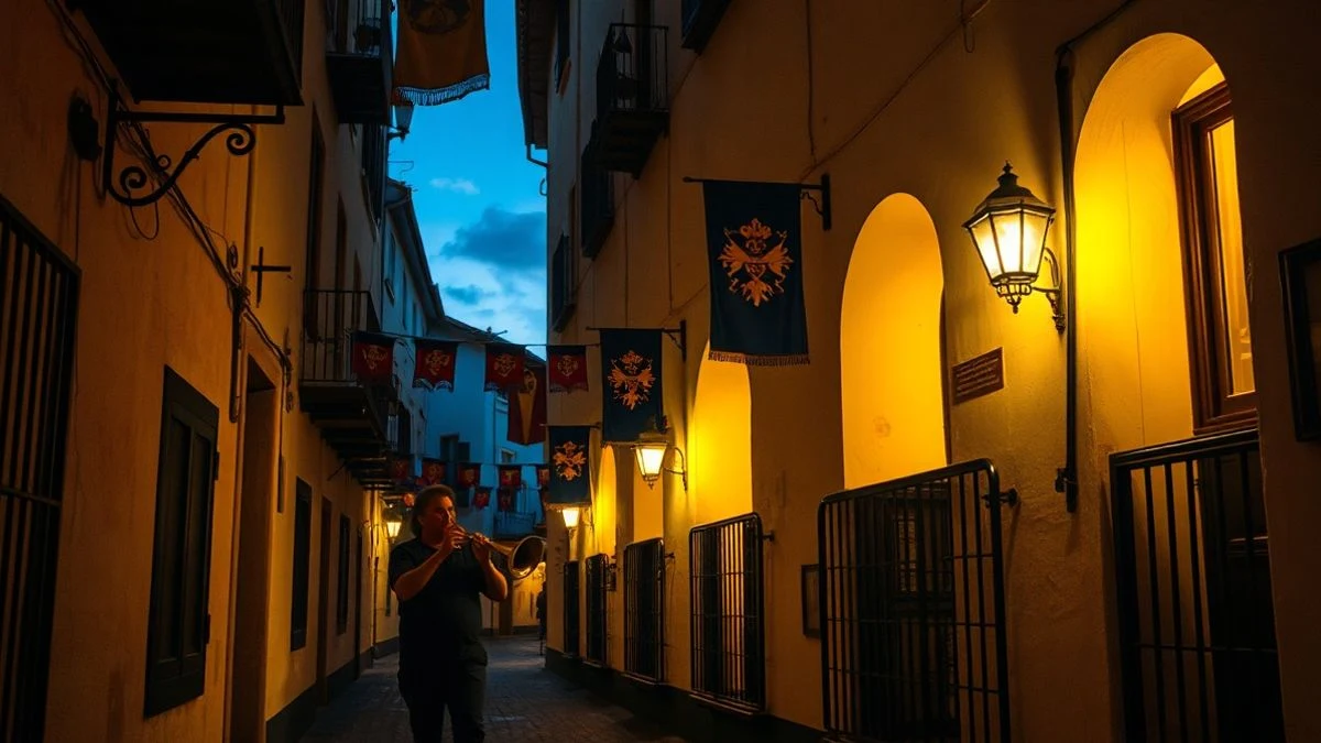 Imagen ilustrativa: calle andaluza con banderines medievales y un músico de cuerno al atardecer