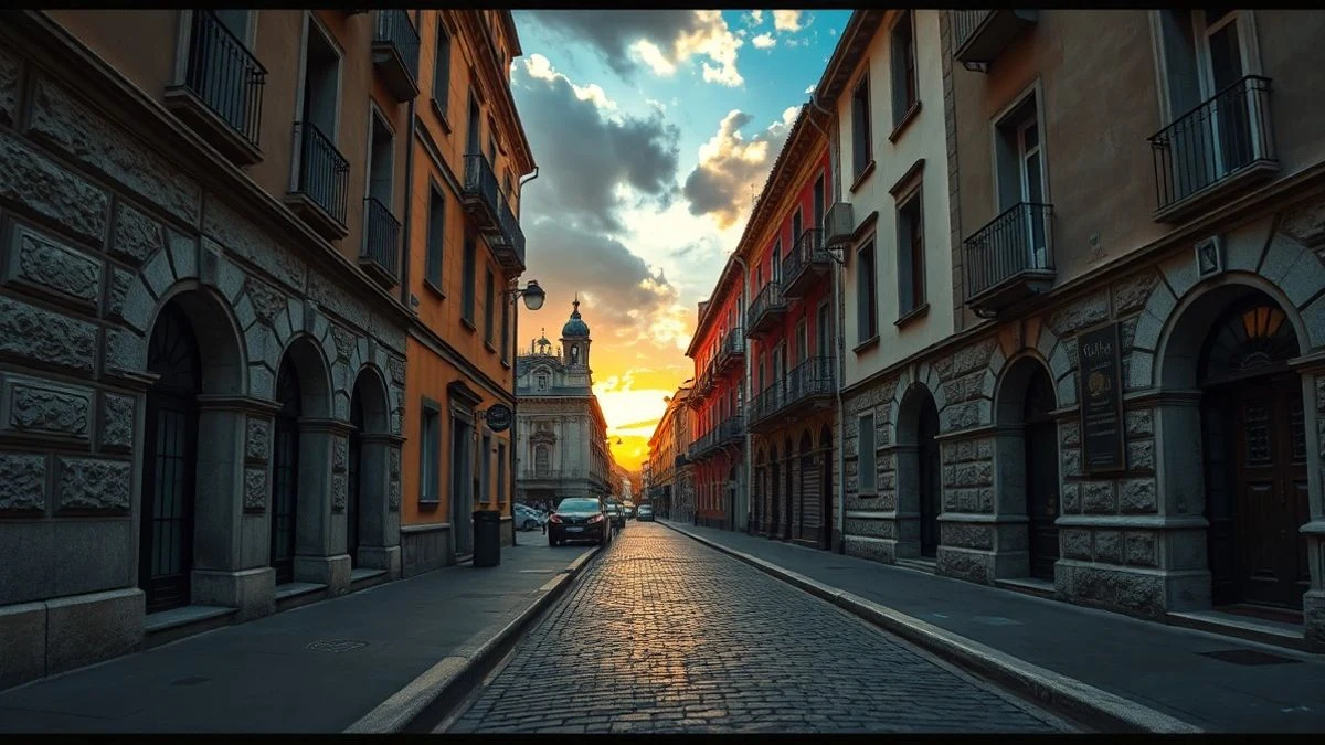 Imagen ilustrativa: calle peatonal en obras con adoquines de granito y vallas amarillas, con naranjos al fondo