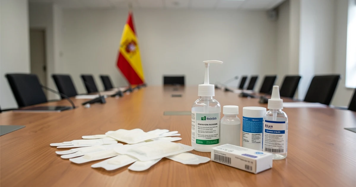 Material sanitario sobre una mesa en un salón vacío del Palacio de Congresos