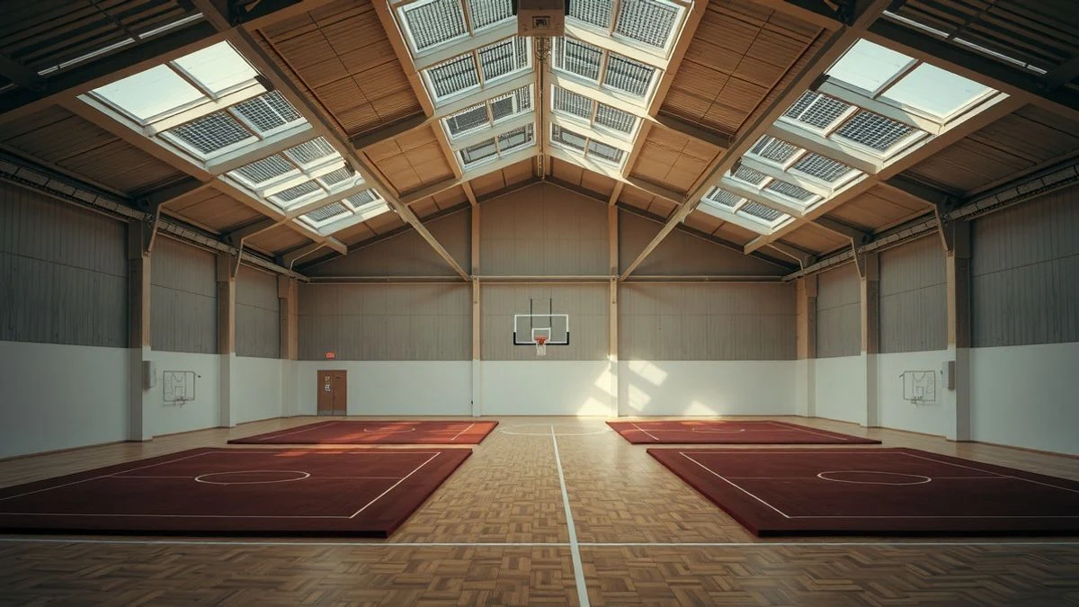 Imagen ilustrativa: interior de un centro de gimnasia rítmica con tapices de competición y luz natural