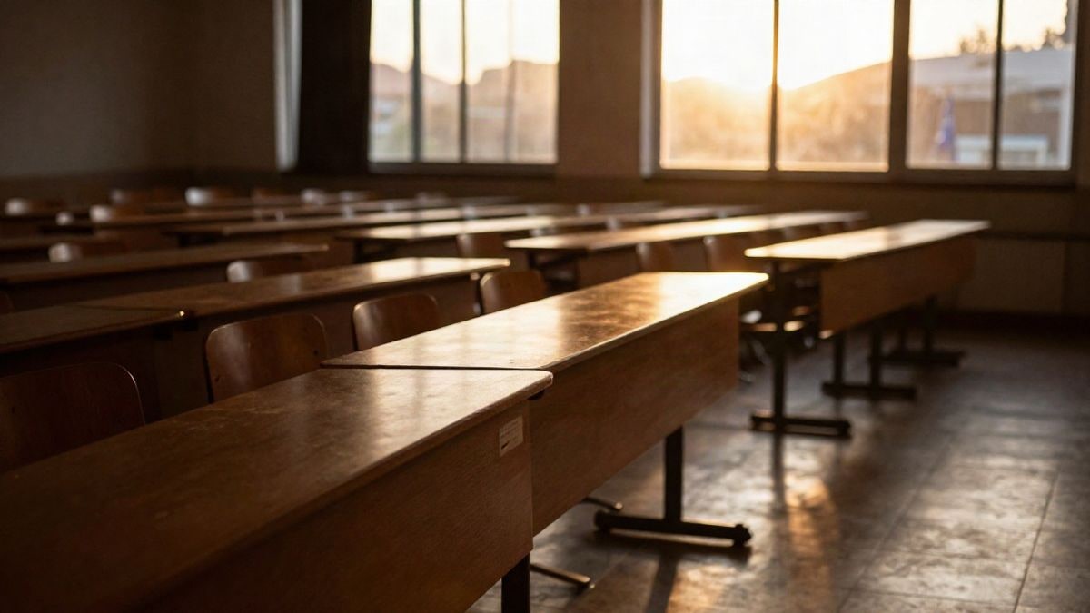 Illustrative image: university classroom with empty tables and chairs backlit at sunset