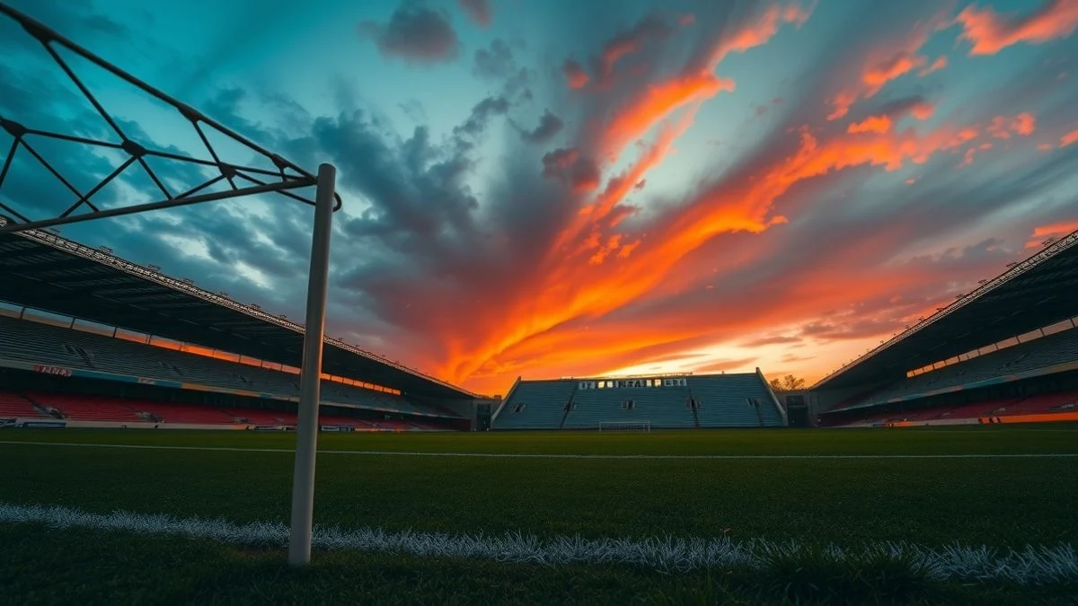 Estadio de fútbol vacío al atardecer con el cielo anaranjado y el césped en primer plano